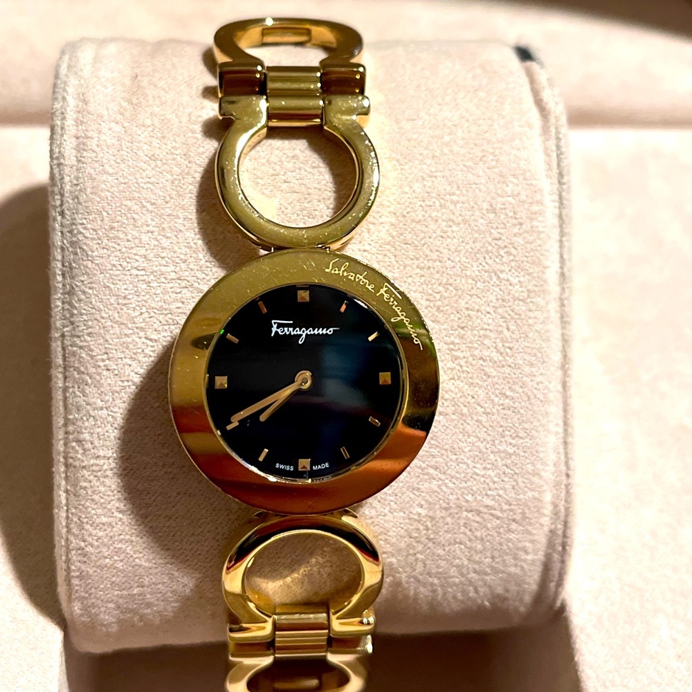 Gold, Salvatore Ferragamo watch.